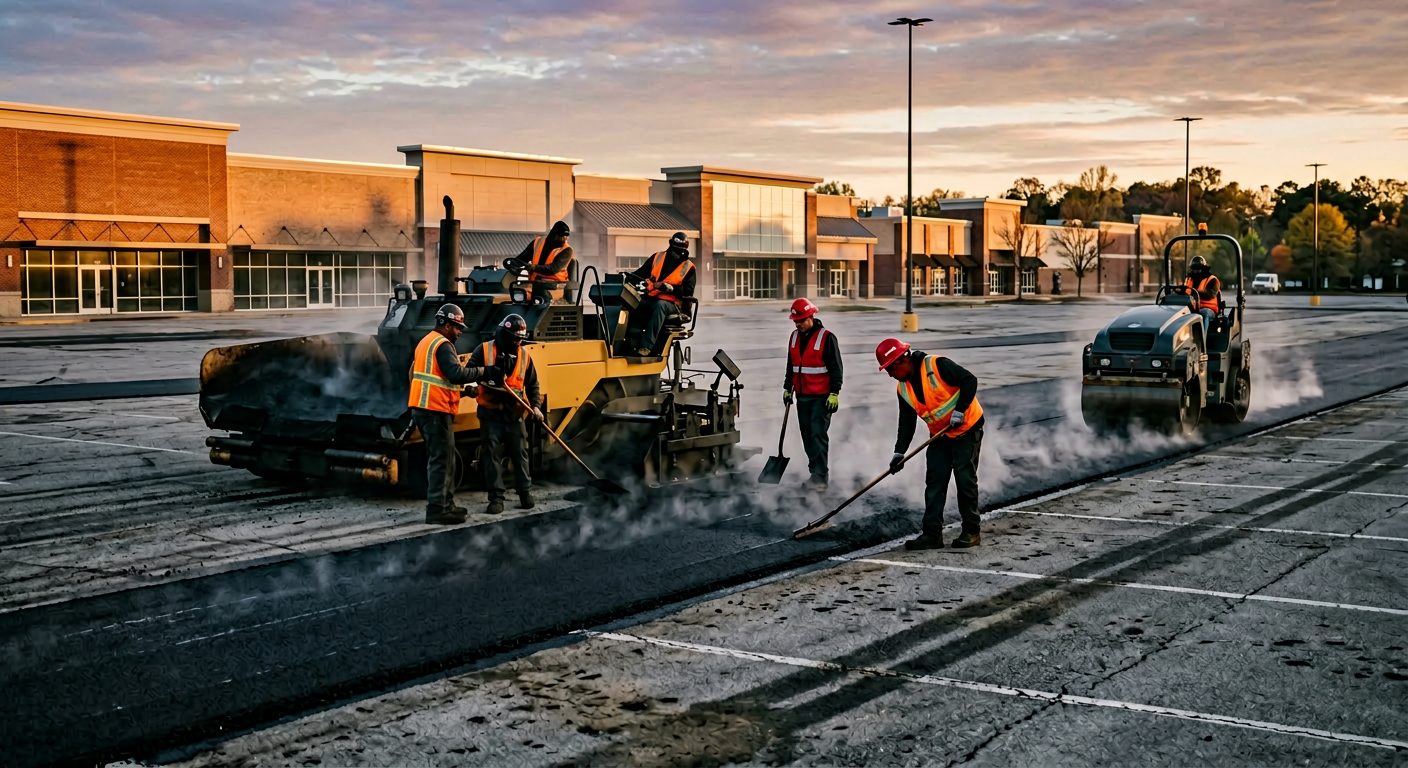 A paving crew laying asphalt in a shopping-center parking lot at dusk